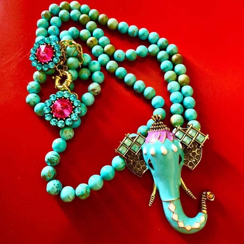 Elephant Teal Turquoise Stone and Jewel Statement Necklace 12”